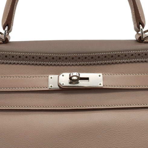 HERMES KELLY 35 GHILLIES RETOURNE ARGILE ETOUPE VEAU SWIFT HAND SHOULDER BAG 2012 SQUARE P STAMP PALLADIUM HARDWARE 90344353