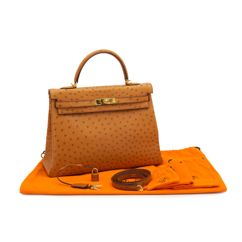 HERMES KELLY 35 RETORNE CHESTNUT OSTRICH HAND SHOULDER BAG 2005 SQUARE I GOLD HARDWARE 90331929