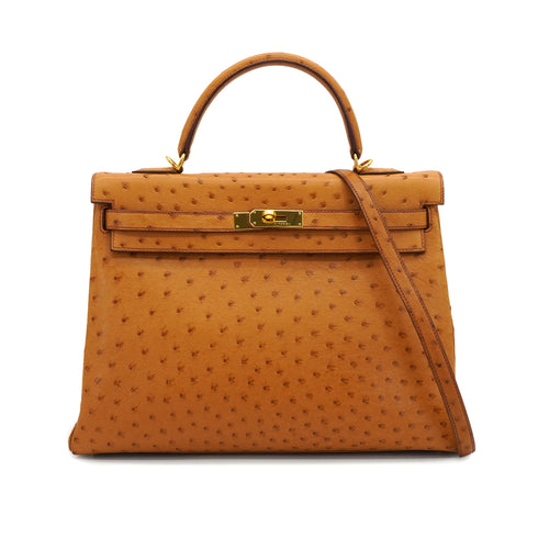 HERMES KELLY 35 RETORNE CHESTNUT OSTRICH HAND SHOULDER BAG 2005 SQUARE I GOLD HARDWARE 90331929