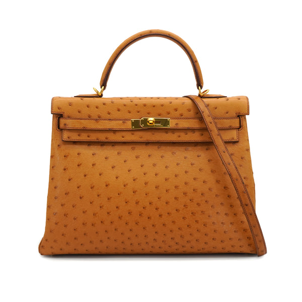 HERMES ケリー 35 外縫い チェスナッツ オーストリッチ ハンド ショルダー バッグ 2005年製 □I ゴールド 金具 90331929