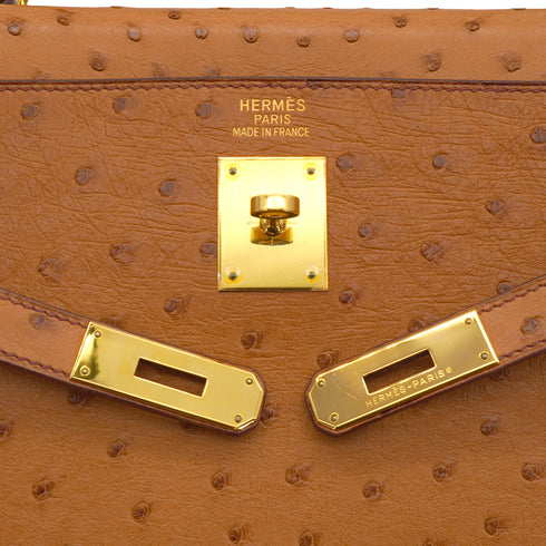 HERMES KELLY 35 RETORNE CHESTNUT OSTRICH HAND SHOULDER BAG 2005 SQUARE I GOLD HARDWARE 90331929
