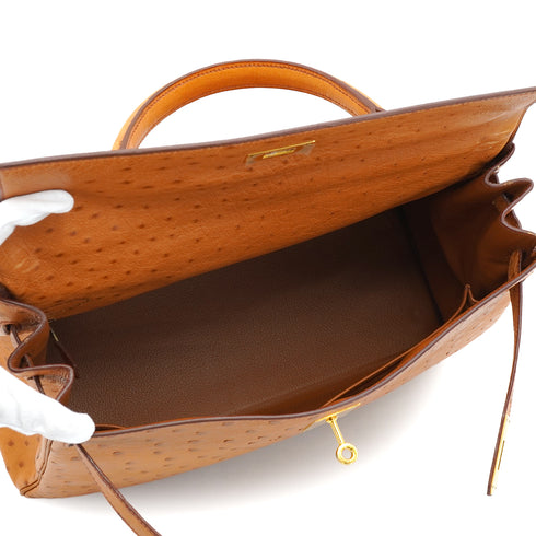 HERMES KELLY 35 RETORNE CHESTNUT OSTRICH HAND SHOULDER BAG 2005 SQUARE I GOLD HARDWARE 90331929