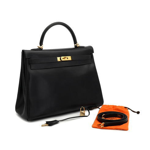 HERMES KELLY 35 RETOURNE BLACK BOX CALF HAND SHOULDER BAG 2002 SQUARE F GOLD HARDWARE 90334133