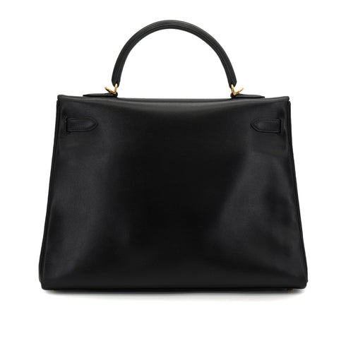 HERMES KELLY 35 RETOURNE BLACK BOX CALF HAND SHOULDER BAG 2002 SQUARE F GOLD HARDWARE 90334133