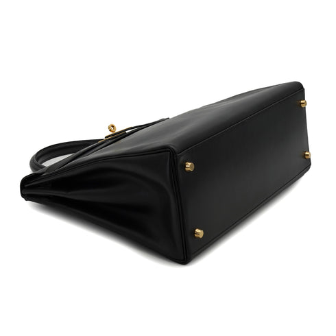 HERMES KELLY 35 RETOURNE BLACK BOX CALF HAND SHOULDER BAG 2002 SQUARE F GOLD HARDWARE 90334133