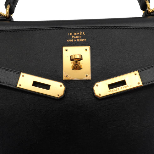 HERMES KELLY 35 RETOURNE BLACK BOX CALF HAND SHOULDER BAG 2002 SQUARE F GOLD HARDWARE 90334133