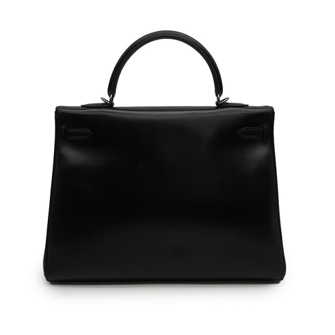 HERMES KELLY 35 RETOURNE BLACK BOX CALF HAND SHOULDER BAG 2003 SQUARE G RUTHENIUM HARDWARE 90343971
