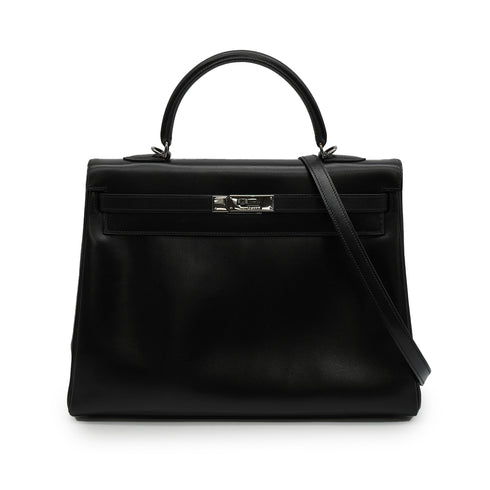 HERMES KELLY 35 RETOURNE BLACK BOX CALF HAND SHOULDER BAG 2003 SQUARE G RUTHENIUM HARDWARE 90343971