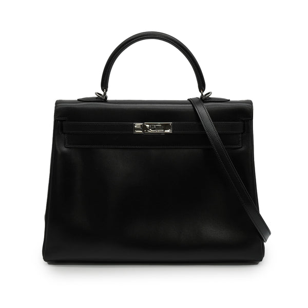 HERMES KELLY 35 RETOURNE BLACK BOX CALF HAND SHOULDER BAG 2003 SQUARE G RUTHENIUM HARDWARE 90343971