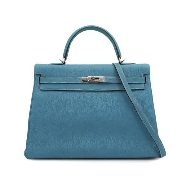 HERMES KELLY 35 RETOURNE BLUE JEAN TAURILLON CLEMENCE HAND SHOULDER BAG 2003 SQUARE G PALLADIUM HARDWARE 90312603
