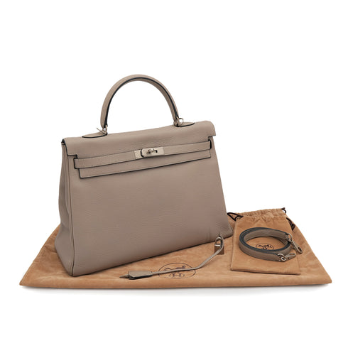 HERMES KELLY 35 RETOURNE GRIS TOURTERELLE TAURILLON CLEMENCE HAND SHOULDER BAG 2000 SQUARE D MATT HARDWARE 90323085