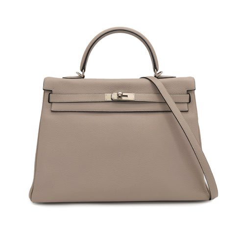 HERMES KELLY 35 RETOURNE GRIS TOURTERELLE TAURILLON CLEMENCE HAND SHOULDER BAG 2000 SQUARE D MATT HARDWARE 90323085