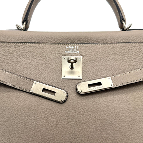 HERMES KELLY 35 RETOURNE GRIS TOURTERELLE TAURILLON CLEMENCE HAND SHOULDER BAG 2000 SQUARE D MATT HARDWARE 90323085