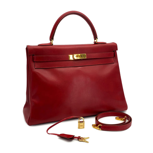 HERMES KELLY 35 RETOURNE ROUGE VIF BOXCALF HAND SHOULDER BAG 1999 SQUARE C GOLD HARDWARE 90315448