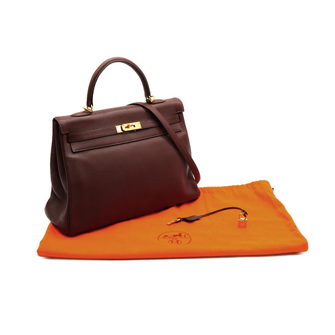 HERMES KELLY 35 RETOURNE MARRON FONCE TOGO CLEMENCE HAND SHOULDER BAG 2000 SQUARE D GOLD HARDWARE 90341430
