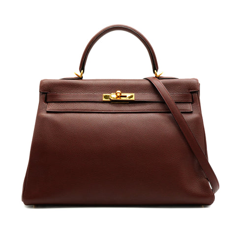HERMES KELLY 35 RETOURNE MARRON FONCE TOGO CLEMENCE HAND SHOULDER BAG 2000 SQUARE D GOLD HARDWARE 90341430