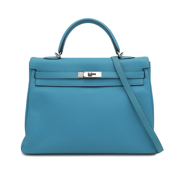 HERMES KELLY 35 RETOURNE TURQUOISE TOGO HAND SHOULDER BAG 2014 SQUARE R PALLADIUM HARDWARE 90319922