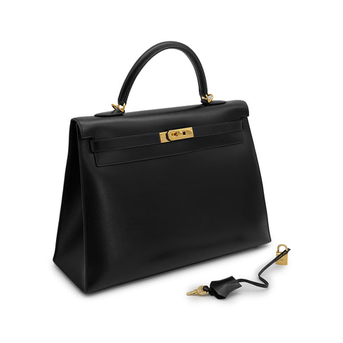 HERMES KELLY 35 SELLIER BLACK BOXCALF HAND BAG 2000 SQUARE D GOLD HARDWARE 90323195