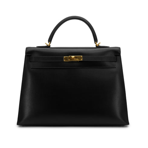 HERMES KELLY 35 SELLIER BLACK BOXCALF HAND BAG 2000 SQUARE D GOLD HARDWARE 90323195