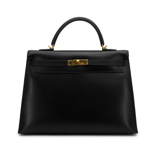 HERMES KELLY 35 SELLIER BLACK BOXCALF HAND BAG 2000 SQUARE D GOLD HARDWARE 90323195