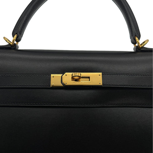 HERMES KELLY 35 SELLIER BLACK BOXCALF HAND BAG 2000 SQUARE D GOLD HARDWARE 90323195