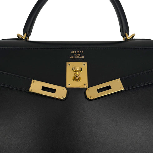 HERMES KELLY 35 SELLIER BLACK BOXCALF HAND BAG 2000 SQUARE D GOLD HARDWARE 90323195
