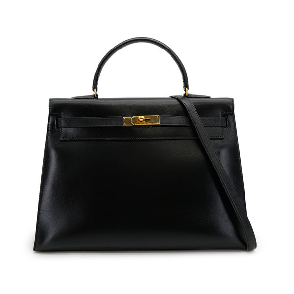 HERMES KELLY 35 SELLIER BLACK BOXCALF HAND SHOULDER BAG 1988 CIRCLE R GOLD HARDWARE 90317896