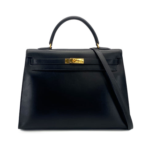HERMES KELLY 35 SELLIER BLACK BOXCALF HAND SHOULDER BAG 1992 CIRCLE V GOLD HARDWARE 90321631