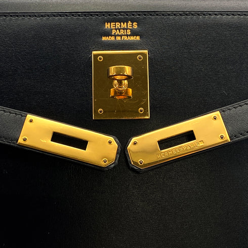 HERMES KELLY 35 SELLIER BLACK BOXCALF HAND SHOULDER BAG 1992 CIRCLE V GOLD HARDWARE 90321631