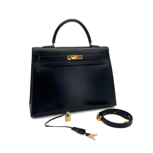 HERMES KELLY 35 SELLIER BLACK BOXCALF HAND SHOULDER BAG 1992 CIRCLE V GOLD HARDWARE 90321631