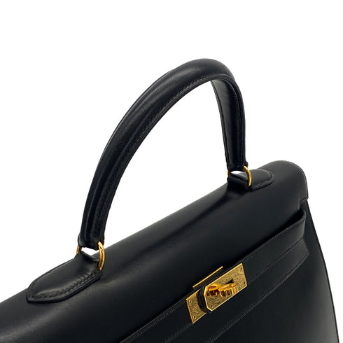 HERMES KELLY 35 SELLIER BLACK BOXCALF HAND SHOULDER BAG 1992 CIRCLE V GOLD HARDWARE 90321631