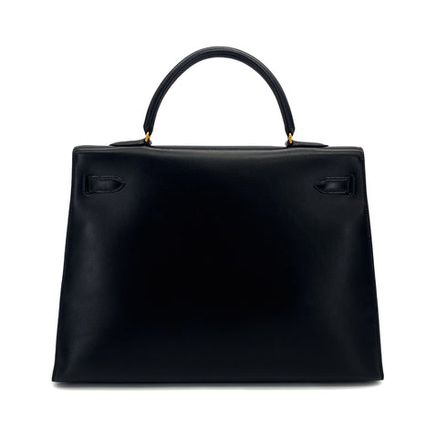 HERMES KELLY 35 SELLIER BLACK BOXCALF HAND SHOULDER BAG 1992 CIRCLE V GOLD HARDWARE 90321631