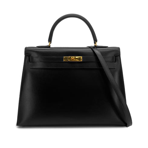 HERMES KELLY 35 SELLIER BLACK BOXCALF HAND SHOULDER BAG 1992 CIRCLE V GOLD HARDWARE 90326188