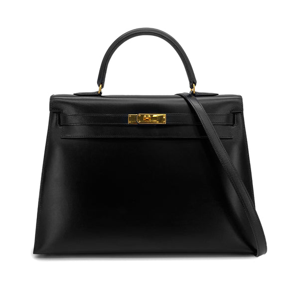 HERMES KELLY 35 SELLIER BLACK BOXCALF HAND SHOULDER BAG 1992 CIRCLE V GOLD HARDWARE 90326188