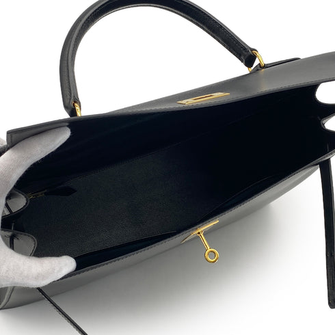 HERMES KELLY 35 SELLIER BLACK BOXCALF HAND SHOULDER BAG 1992 CIRCLE V GOLD HARDWARE 90326188