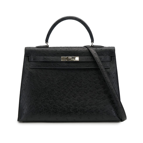 HERMES KELLY 35 SELLIER BLACK OSTRICH HAND SHOULDER BAG 1999 SQUARE C SILVER HARDWARE 90316160