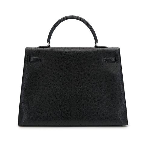HERMES KELLY 35 SELLIER BLACK OSTRICH HAND SHOULDER BAG 1999 SQUARE C SILVER HARDWARE 90316160