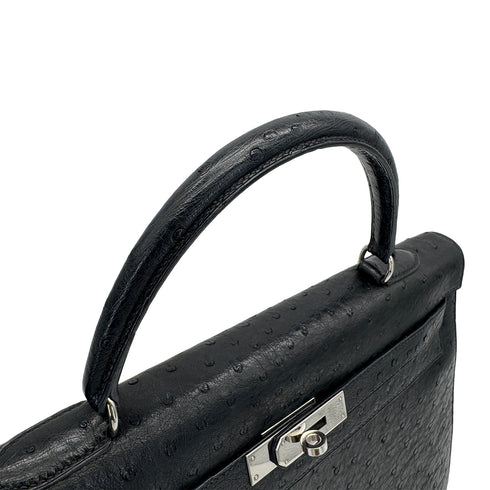 HERMES KELLY 35 SELLIER BLACK OSTRICH HAND SHOULDER BAG 1999 SQUARE C SILVER HARDWARE 90316160