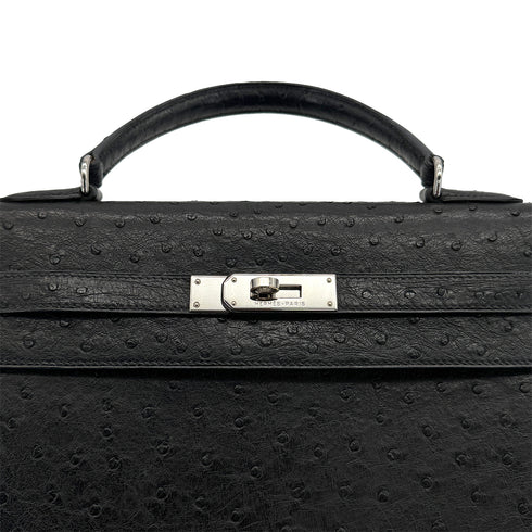 HERMES KELLY 35 SELLIER BLACK OSTRICH HAND SHOULDER BAG 1999 SQUARE C SILVER HARDWARE 90316160