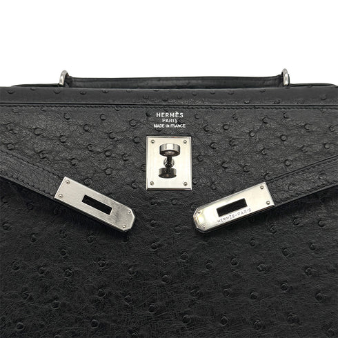 HERMES KELLY 35 SELLIER BLACK OSTRICH HAND SHOULDER BAG 1999 SQUARE C SILVER HARDWARE 90316160
