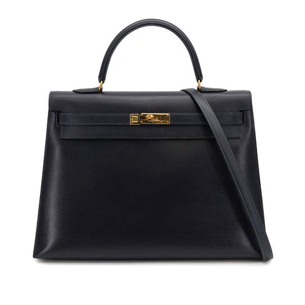HERMES KELLY 35 SELLIER BLUE INDIGO BOXCALF HAND SHOULDER BAG 1993 CIRCLE W GOLD HARDWARE 90317924