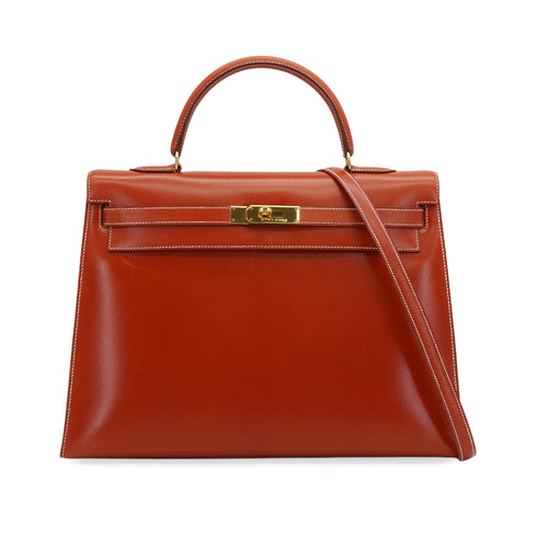 HERMES KELLY 35 SELLIER BRIQUE BOXCALF HAND SHOULDER BAG 1996 CIRCLE Z GOLD HARDWARE 90350402