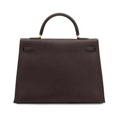 HERMES KELLY 35 SELLIER CHOCOLAT TOGO HAND SHOULDER BAG 2000 SQUARE D GOLD HARDWARE 90340357
