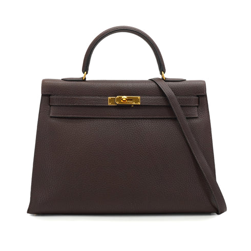 HERMES KELLY 35 SELLIER CHOCOLAT TOGO HAND SHOULDER BAG 2000 SQUARE D GOLD HARDWARE 90340357