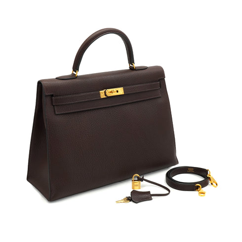 HERMES KELLY 35 SELLIER CHOCOLAT TOGO HAND SHOULDER BAG 2000 SQUARE D GOLD HARDWARE 90340357