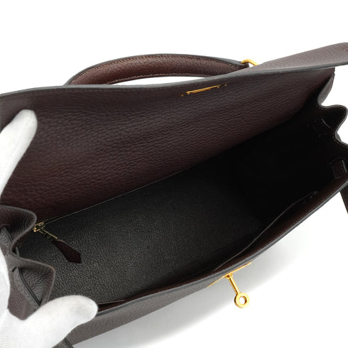 HERMES KELLY 35 SELLIER CHOCOLAT TOGO HAND SHOULDER BAG 2000 SQUARE D GOLD HARDWARE 90340357