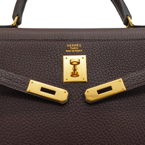 HERMES KELLY 35 SELLIER CHOCOLAT TOGO HAND SHOULDER BAG 2000 SQUARE D GOLD HARDWARE 90340357