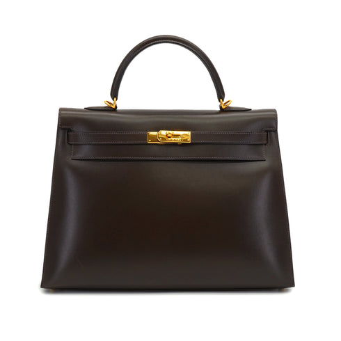 HERMES KELLY 35 SELLIER EBENE BOX CALF HAND SHOULDER BAG 2001 SQUARE E GOLD HARDWARE 90338878