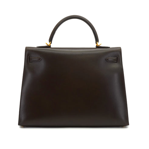 HERMES KELLY 35 SELLIER EBENE BOX CALF HAND SHOULDER BAG 2001 SQUARE E GOLD HARDWARE 90338878