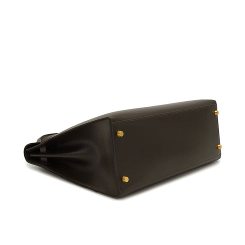 HERMES KELLY 35 SELLIER EBENE BOX CALF HAND SHOULDER BAG 2001 SQUARE E GOLD HARDWARE 90338878